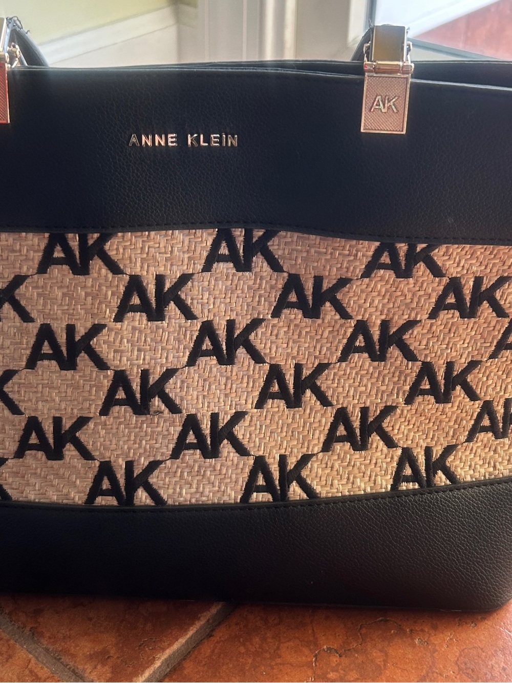 Anne Klein Black and Tan AK-Logo Woven Tote
